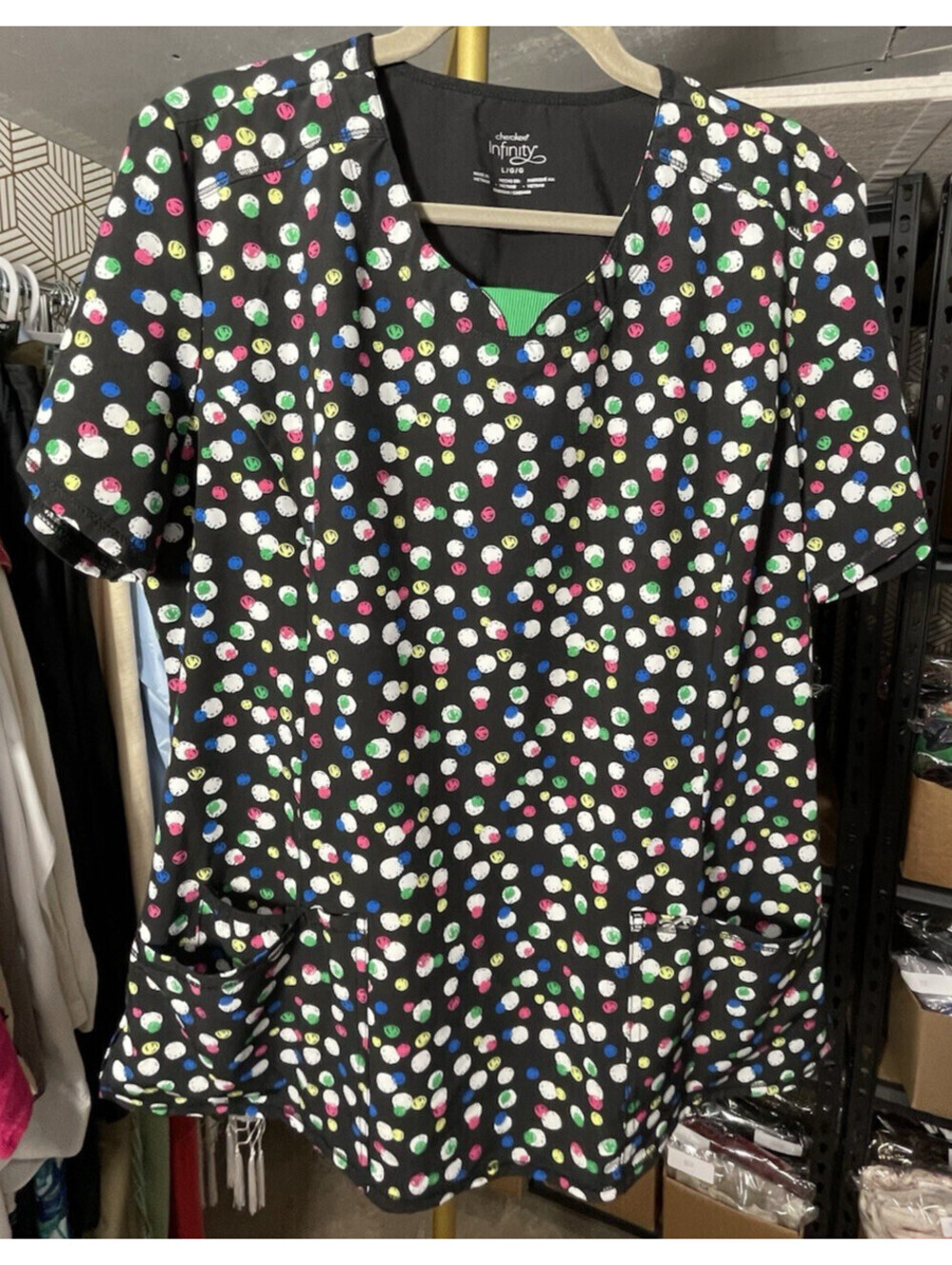 Cherokee Infinity Scrub Top Womens Large Colorful Dots V-Neck Medical Uniform L